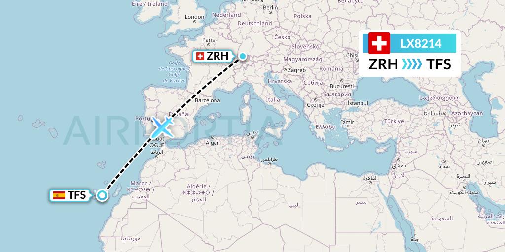 LX8214 Swiss Flight Map: Zurich to Tenerife