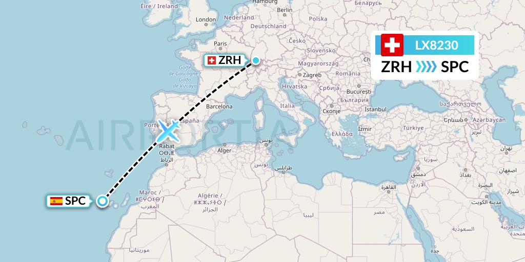 LX8230 Swiss Flight Map: Zurich to La Palma