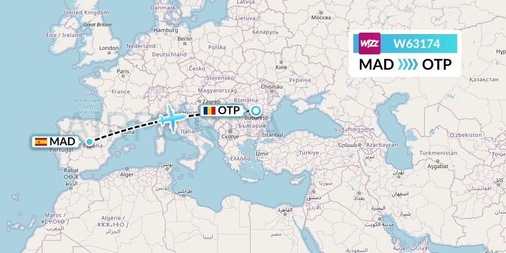 W63174 Wizz Air Flight Map: Madrid to Bucharest