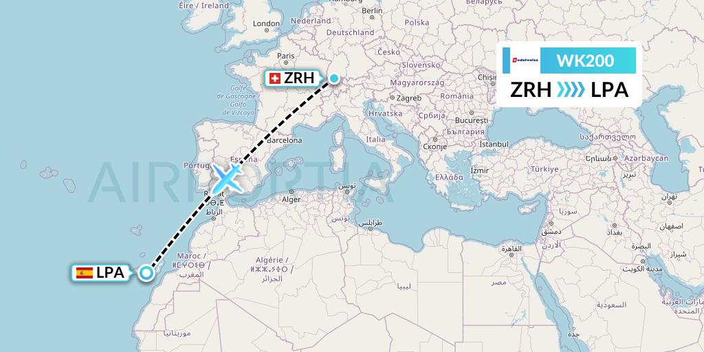 WK200 Edelweiss Air Flight Map: Zurich to Las Palmas