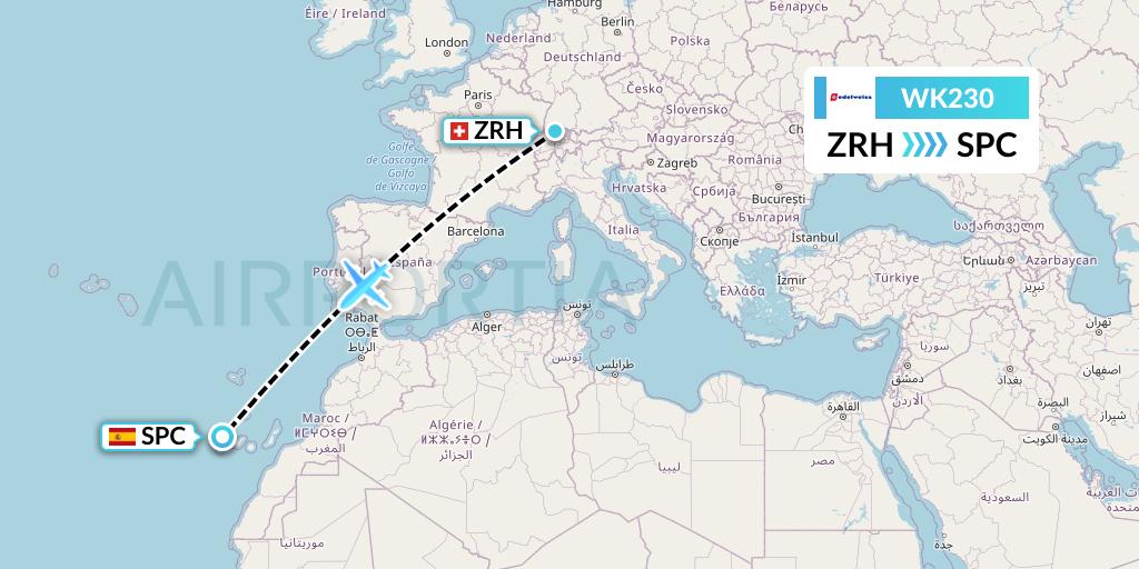 WK230 Edelweiss Air Flight Map: Zurich to La Palma