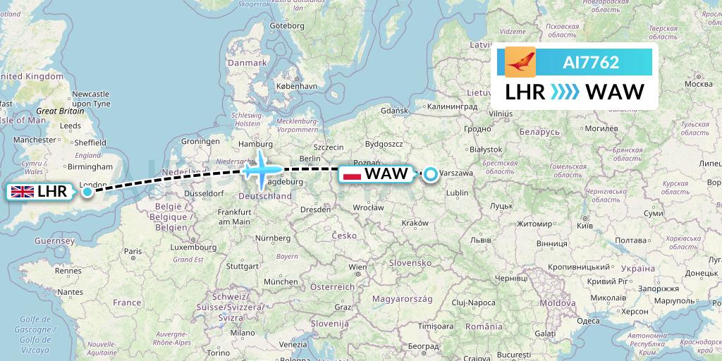 AI7762 Air India Flight Map: London to Warsaw