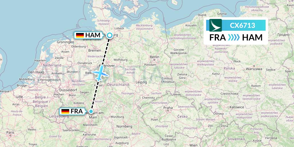 CX6713 Cathay Pacific Flight Map: Frankfurt to Hamburg