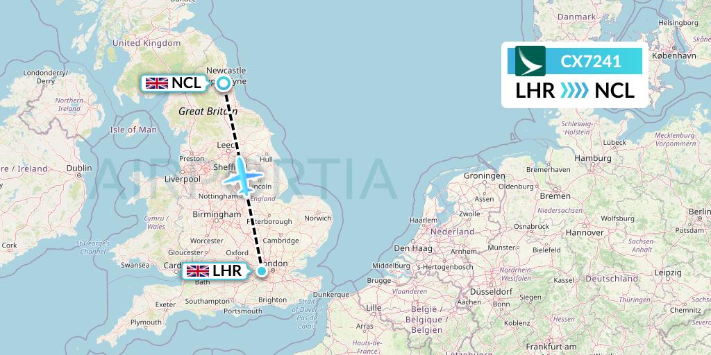 CX7241 Cathay Pacific Flight Map: London to Newcastle