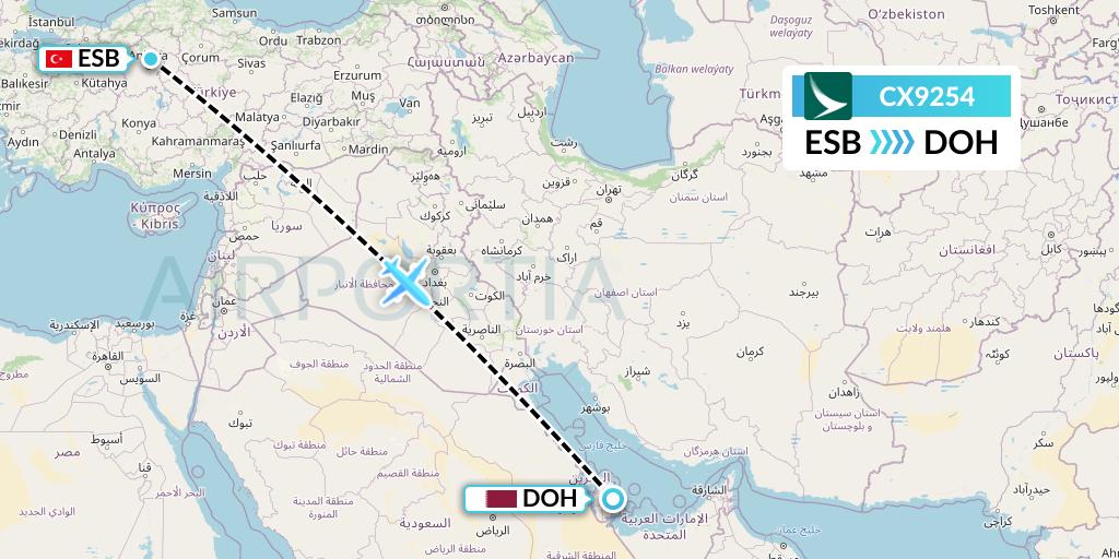 CX9254 Cathay Pacific Flight Map: Ankara to Doha