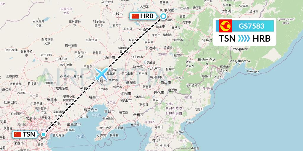 GS7583 Tianjin Airlines Flight Map: Tianjin to Harbin