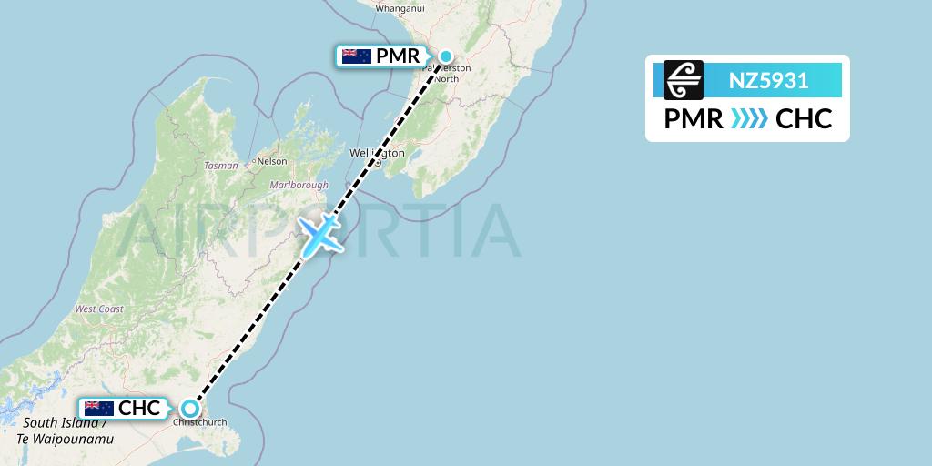 NZ5931 Air New Zealand Flight Map: Palmerston North to Christchurch
