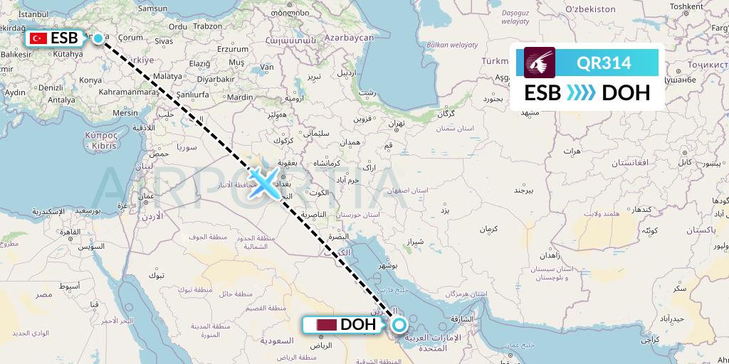 QR314 Qatar Airways Flight Map: Ankara to Doha