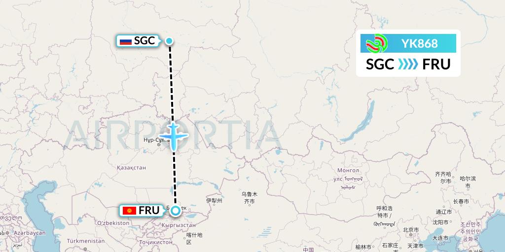 YK868 Avia Traffic Flight Map: Surgut to Bishkek