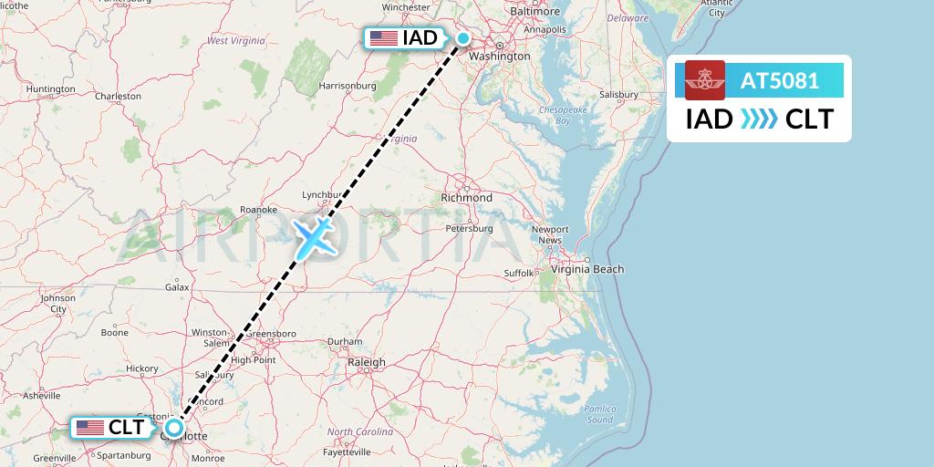 AT5081 Royal Air Maroc Flight Map: Washington to Charlotte