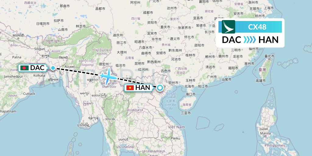 CX48 Cathay Pacific Flight Map: Dhaka to Hanoi