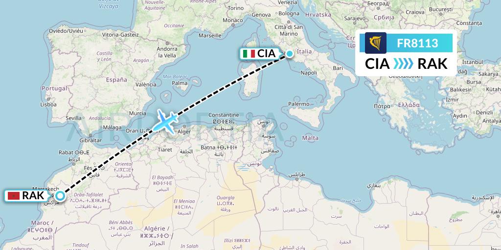 FR8113 Ryanair Flight Map: Rome to Marrakesh