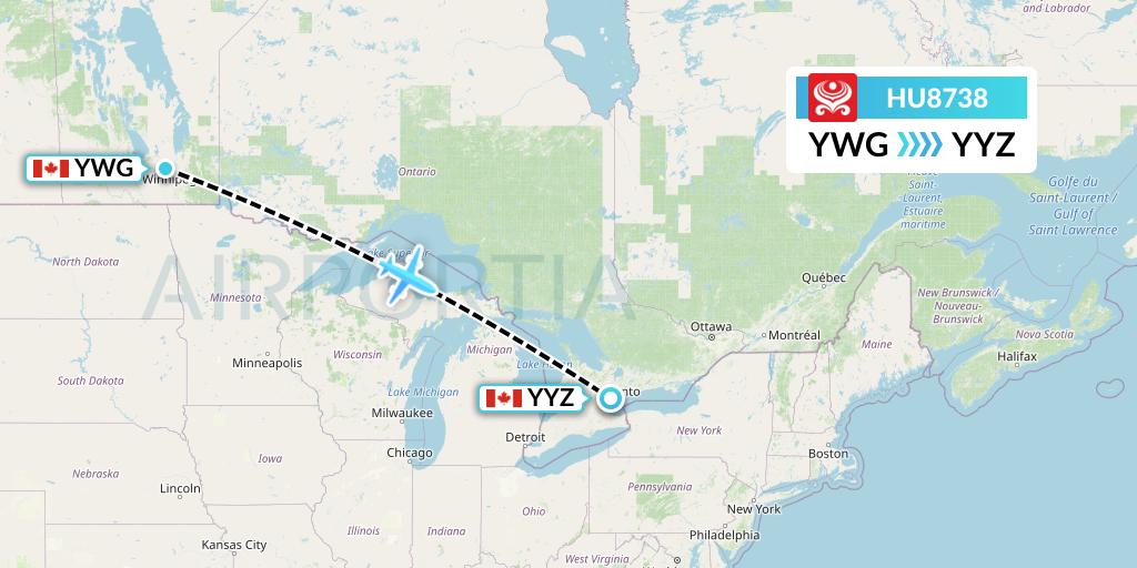 HU8738 Hainan Airlines Flight Map: Winnipeg to Toronto
