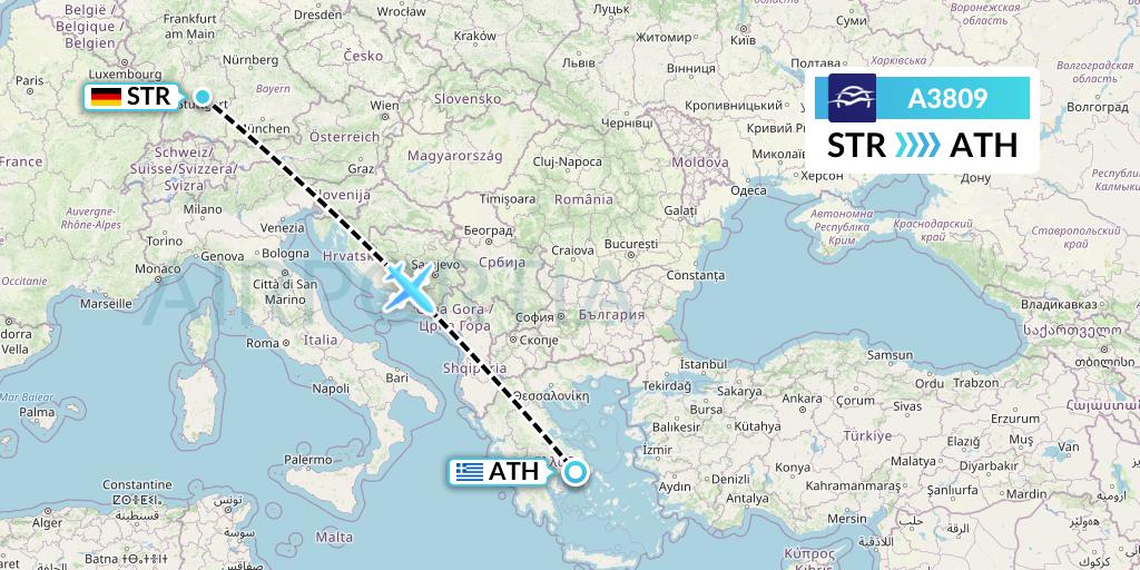 A3809 Aegean Airlines Flight Map: Stuttgart to Athens