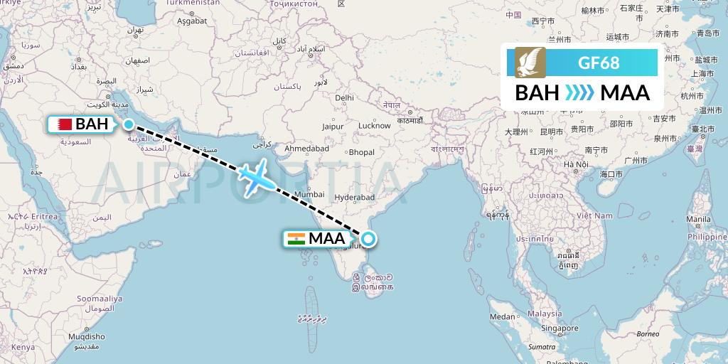 GF68 Gulf Air Flight Map: Bahrain to Chennai