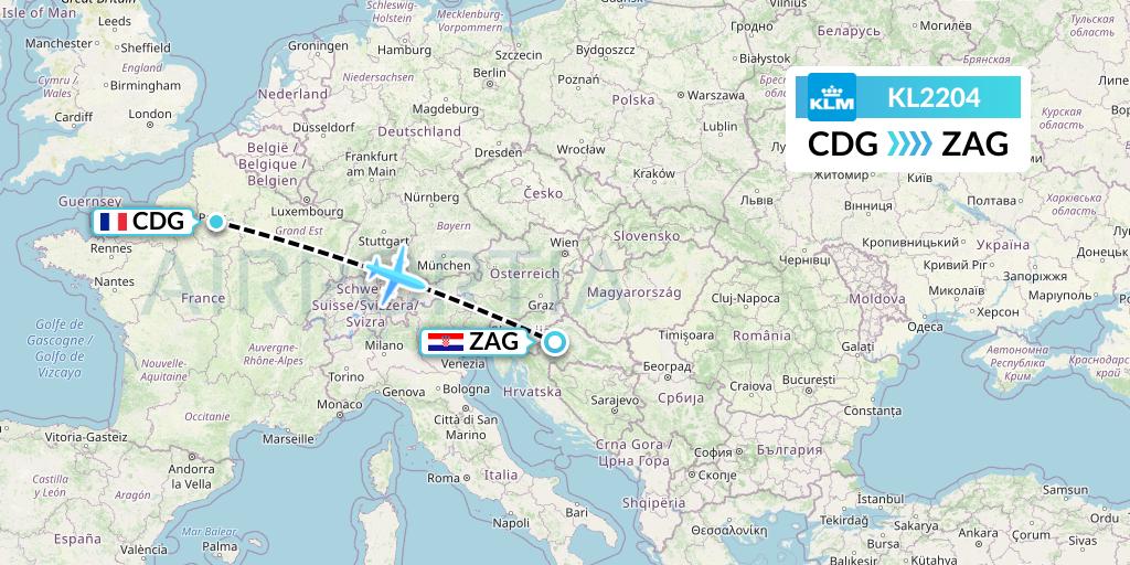 KL2204 KLM Flight Map: Paris to Zagreb