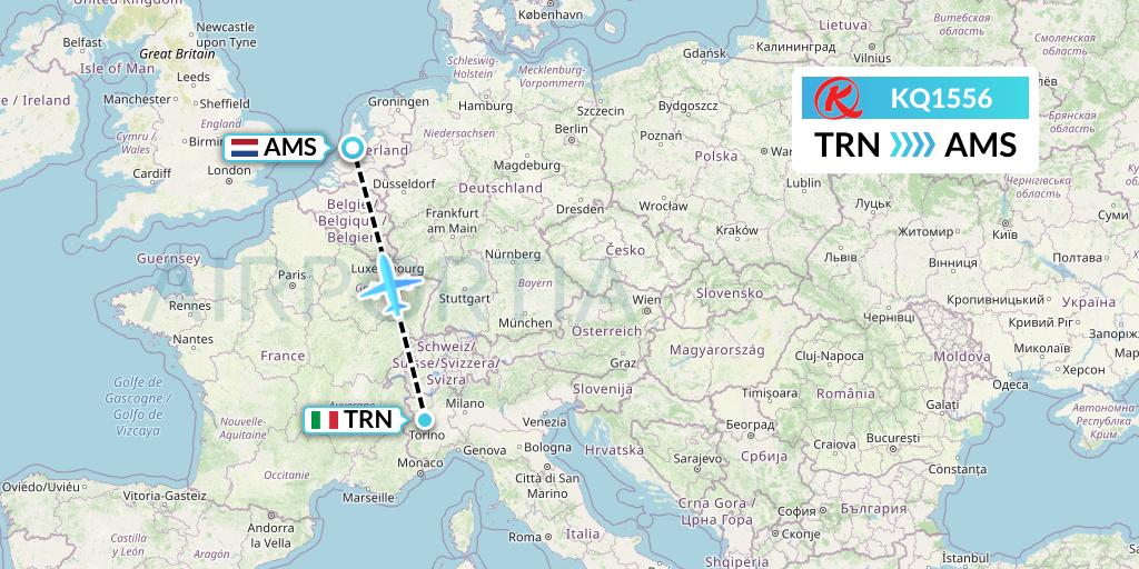 KQ1556 Kenya Airways Flight Map: Turin to Amsterdam