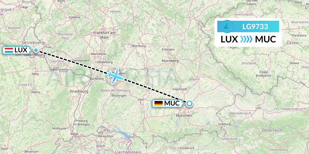 LG9733 Luxair Flight Map: Luxembourg to Munich