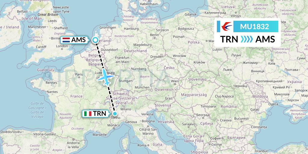MU1832 China Eastern Airlines Flight Map: Turin to Amsterdam
