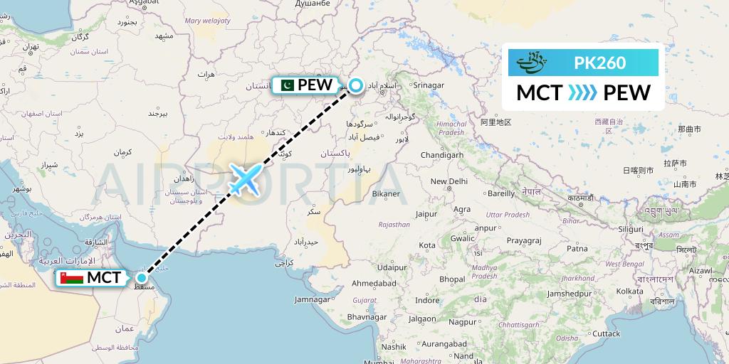 PK260 Pakistan International Airlines Flight Map: Muscat to Peshawar