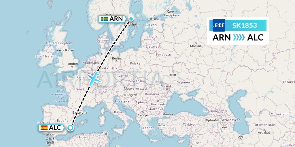 SK1853 SAS Flight Map: Stockholm to Alicante