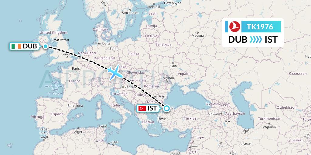 TK1976 Turkish Airlines Flight Map: Dublin to Istanbul