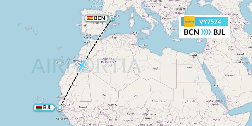 VY7574 Vueling Flight Map: Barcelona to Banjul
