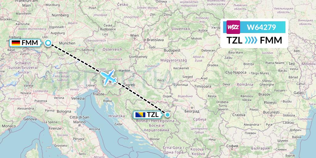 W64279 Wizz Air Flight Map: Tuzla to Memmingen