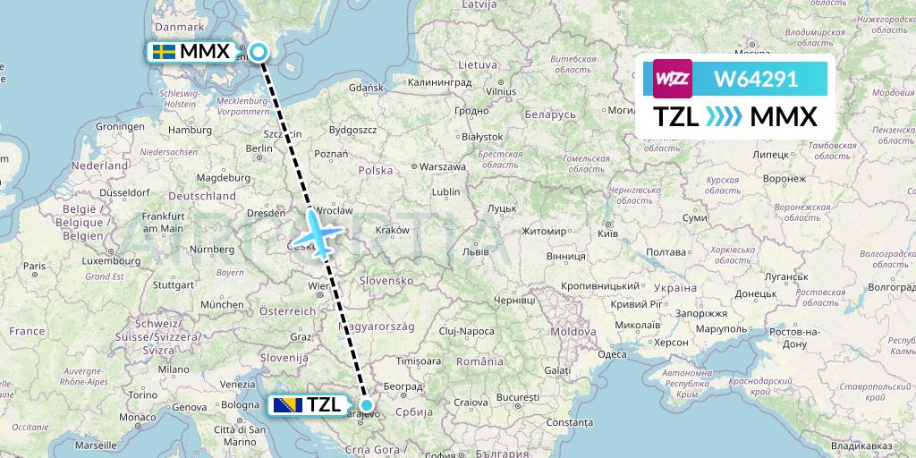 W64291 Wizz Air Flight Map: Tuzla to Malmo