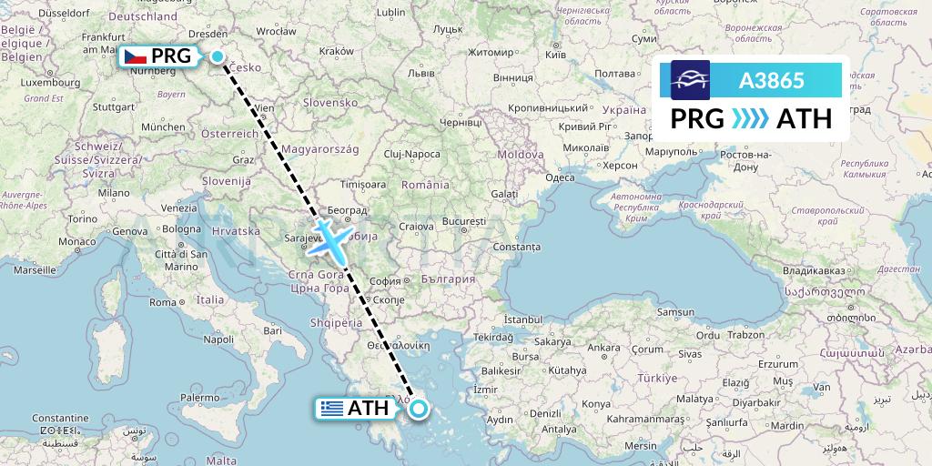 A3865 Aegean Airlines Flight Map: Prague to Athens
