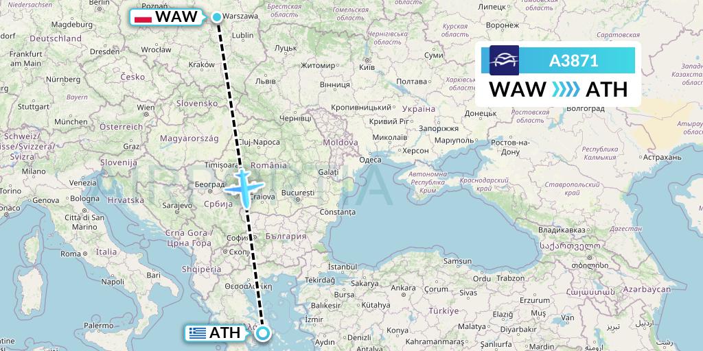 A3871 Aegean Airlines Flight Map: Warsaw to Athens