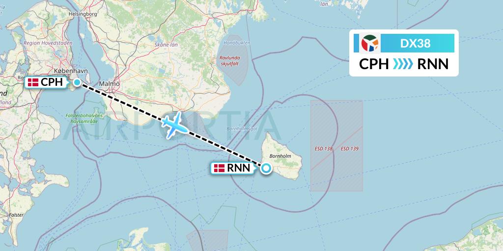 DX38 Danish Air Transport Flight Map: Copenhagen to Ronne