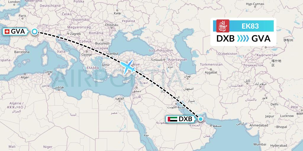 EK83 Emirates Flight Map: Dubai to Geneva