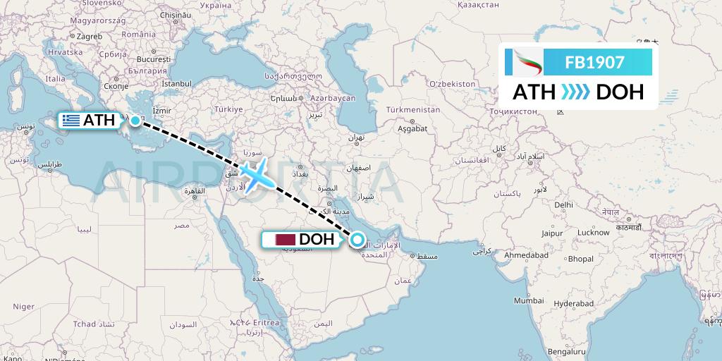 FB1907 Bulgaria Air Flight Map: Athens to Doha