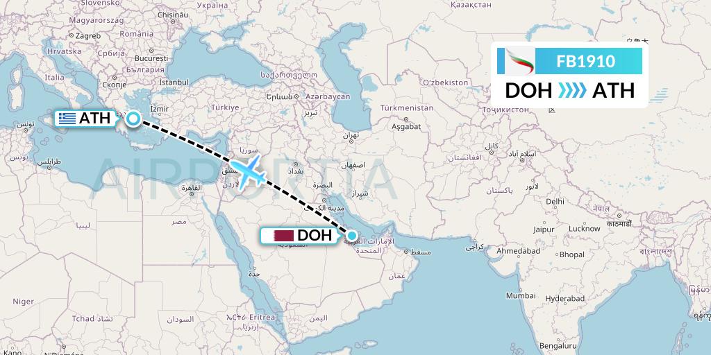 FB1910 Bulgaria Air Flight Map: Doha to Athens