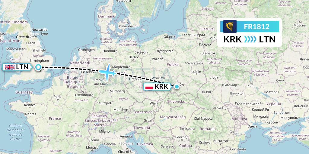 FR1812 Ryanair Flight Map: Krakow to London