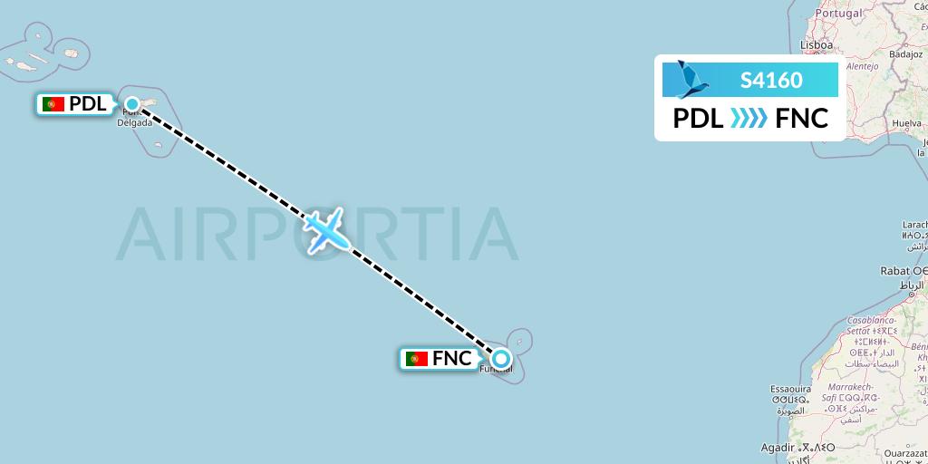 S4160 Azores Airlines Flight Map: Ponta Delgada to Funchal