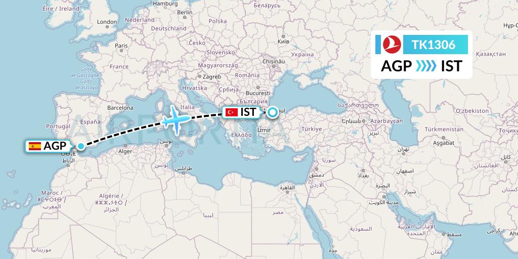 TK1306 Turkish Airlines Flight Map: Malaga to Istanbul