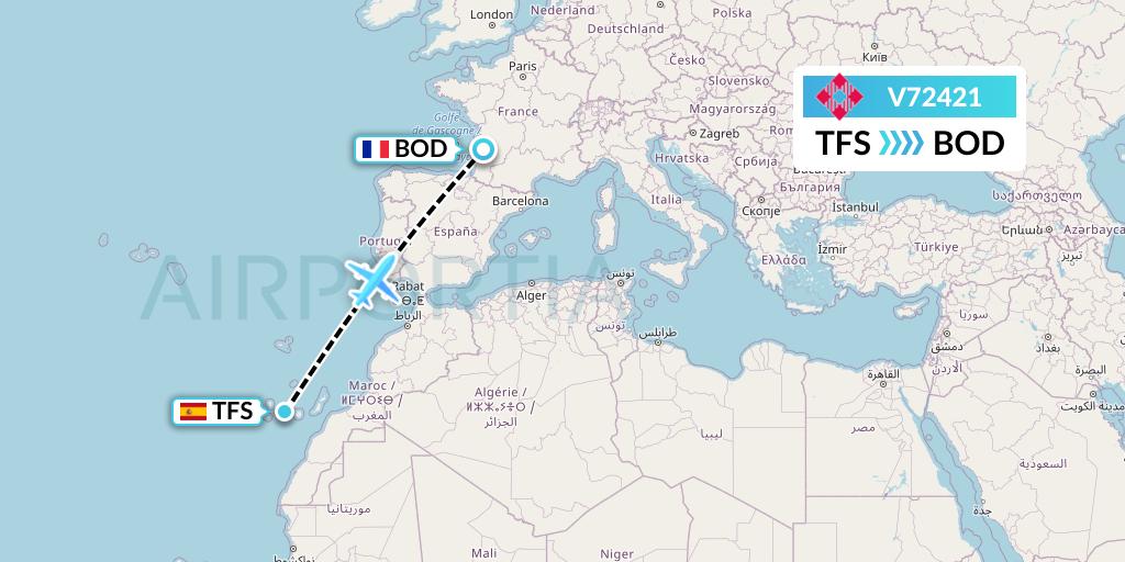 V72421 Volotea Flight Map: Tenerife to Bordeaux