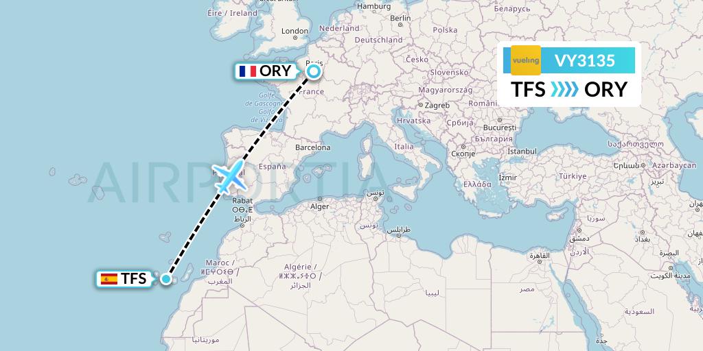 VY3135 Vueling Flight Map: Tenerife to Paris