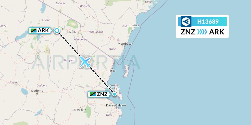 H13689 Hahn Air Systems Flight Map: Zanzibar to Arusha