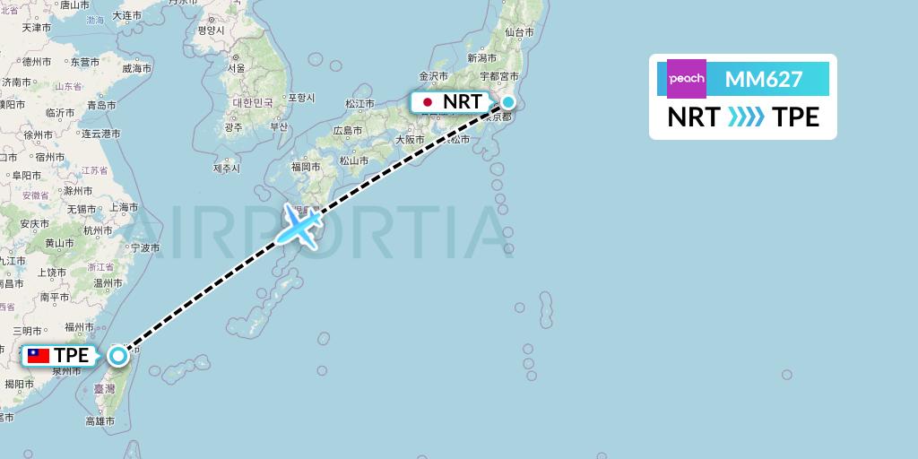 MM627 Peach Aviation Flight Map: Tokyo to Taipei