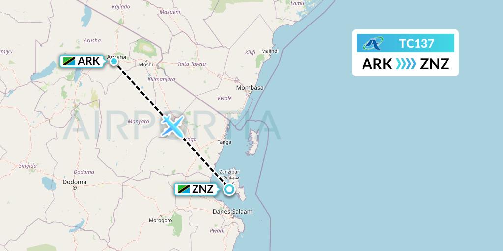 TC137 Air Tanzania Flight Map: Arusha to Zanzibar