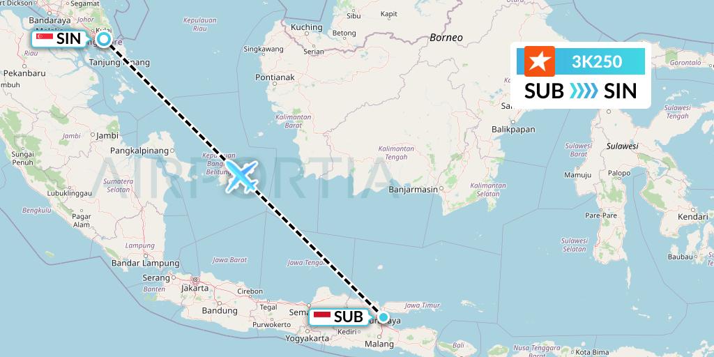 3K250 Jetstar Asia Flight Map: Surabaya to Singapore