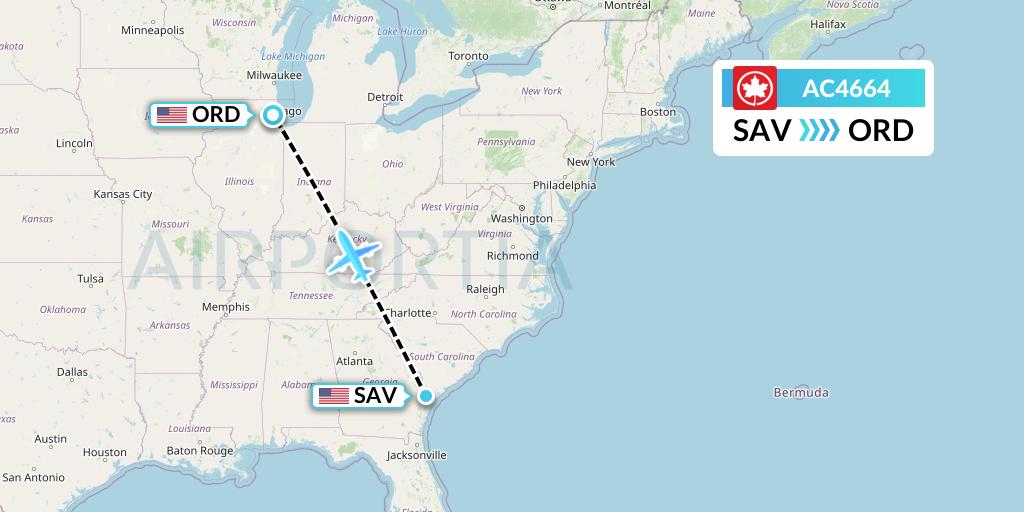AC4664 Air Canada Flight Map: Savannah to Chicago