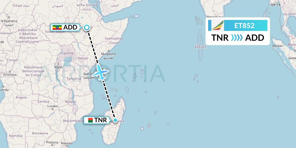 ET852 Ethiopian Airlines Flight Map: Antananarivo to Addis Ababa