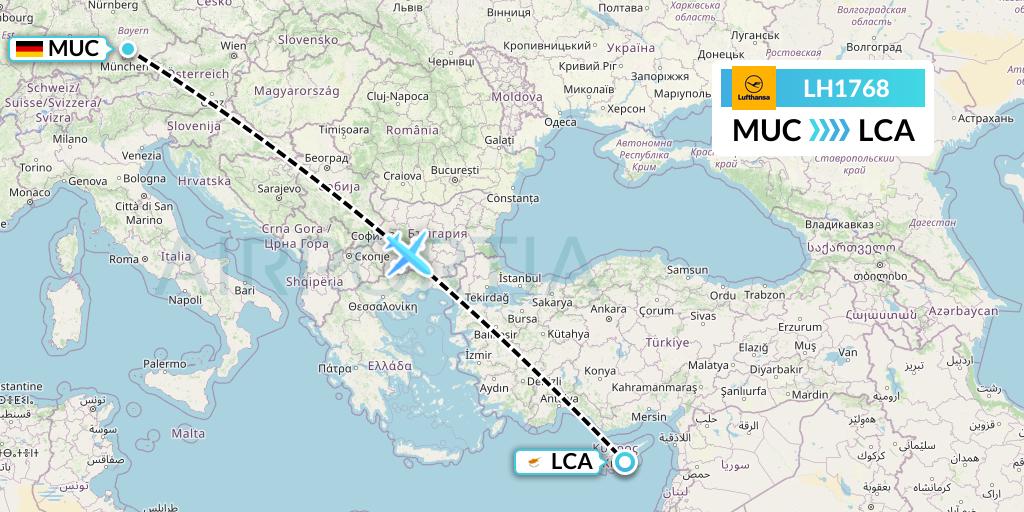 LH1768 Lufthansa Flight Map: Munich to Larnaca