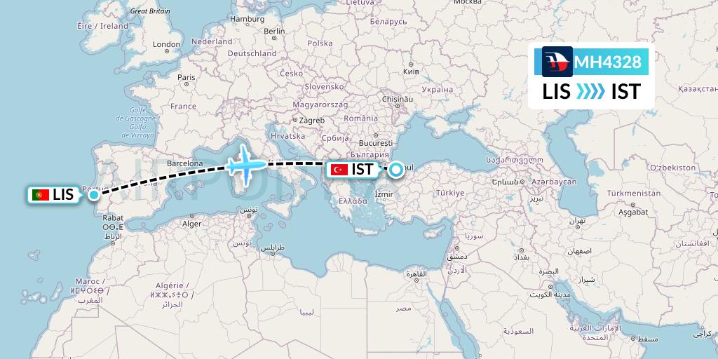 MH4328 Malaysia Airlines Flight Map: Lisbon to Istanbul