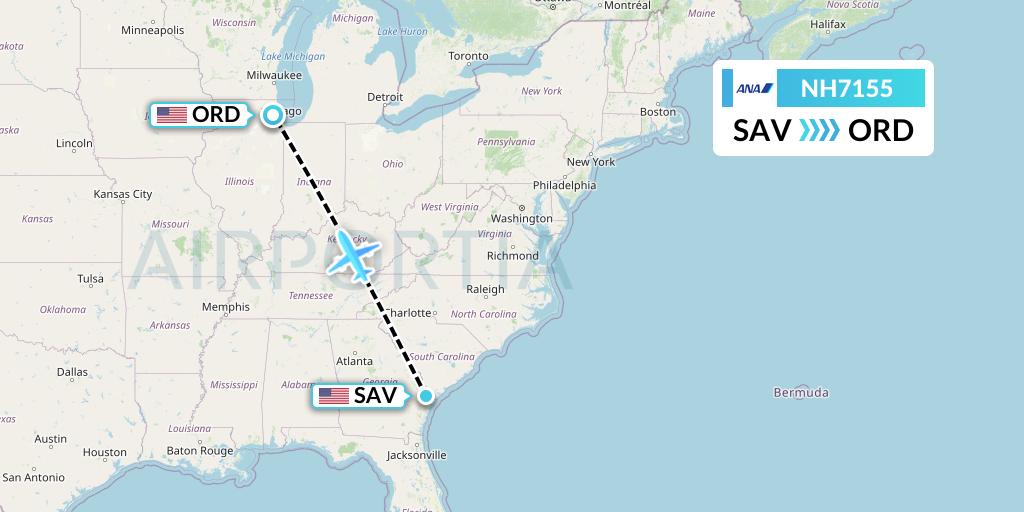 NH7155 All Nippon Airways Flight Map: Savannah to Chicago