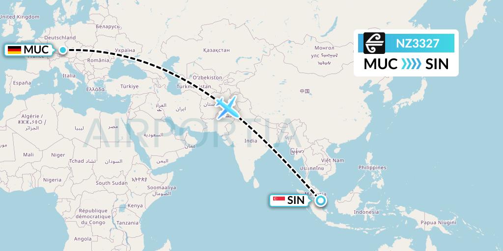 NZ3327 Air New Zealand Flight Map: Munich to Singapore
